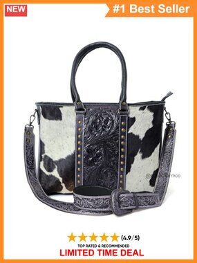 Cowhide Hairon Leather Tote Bag Tooled Shoulder Strap Purse